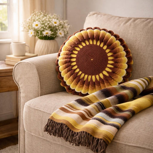 Vintage Crochet Sunburst Pillow & Striped Wool Throw – Boho Cottage Decor