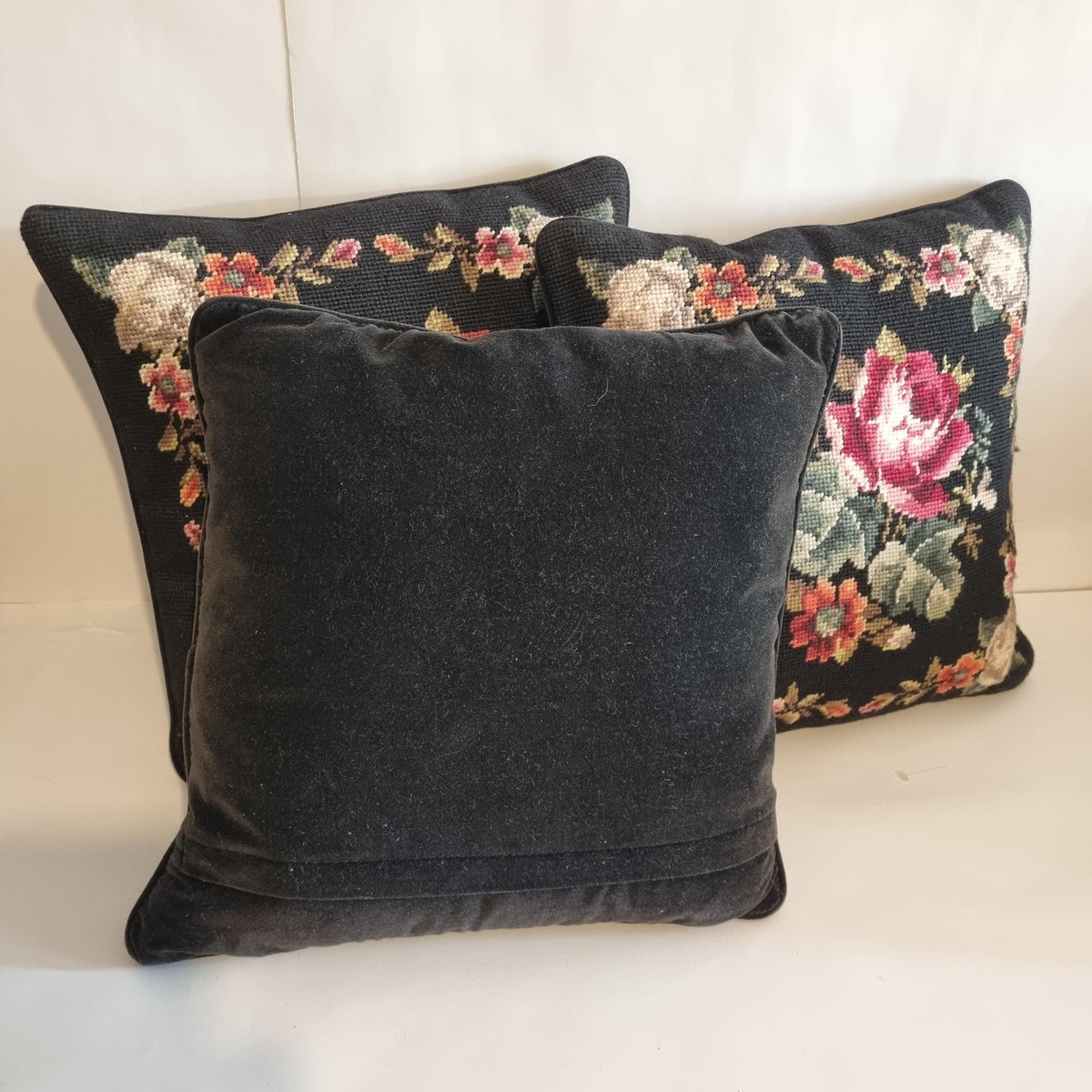 Set of 3 Vintage Floral Needlepoint Pillows – Black Wool Embroidery, Victorian Rose Motif