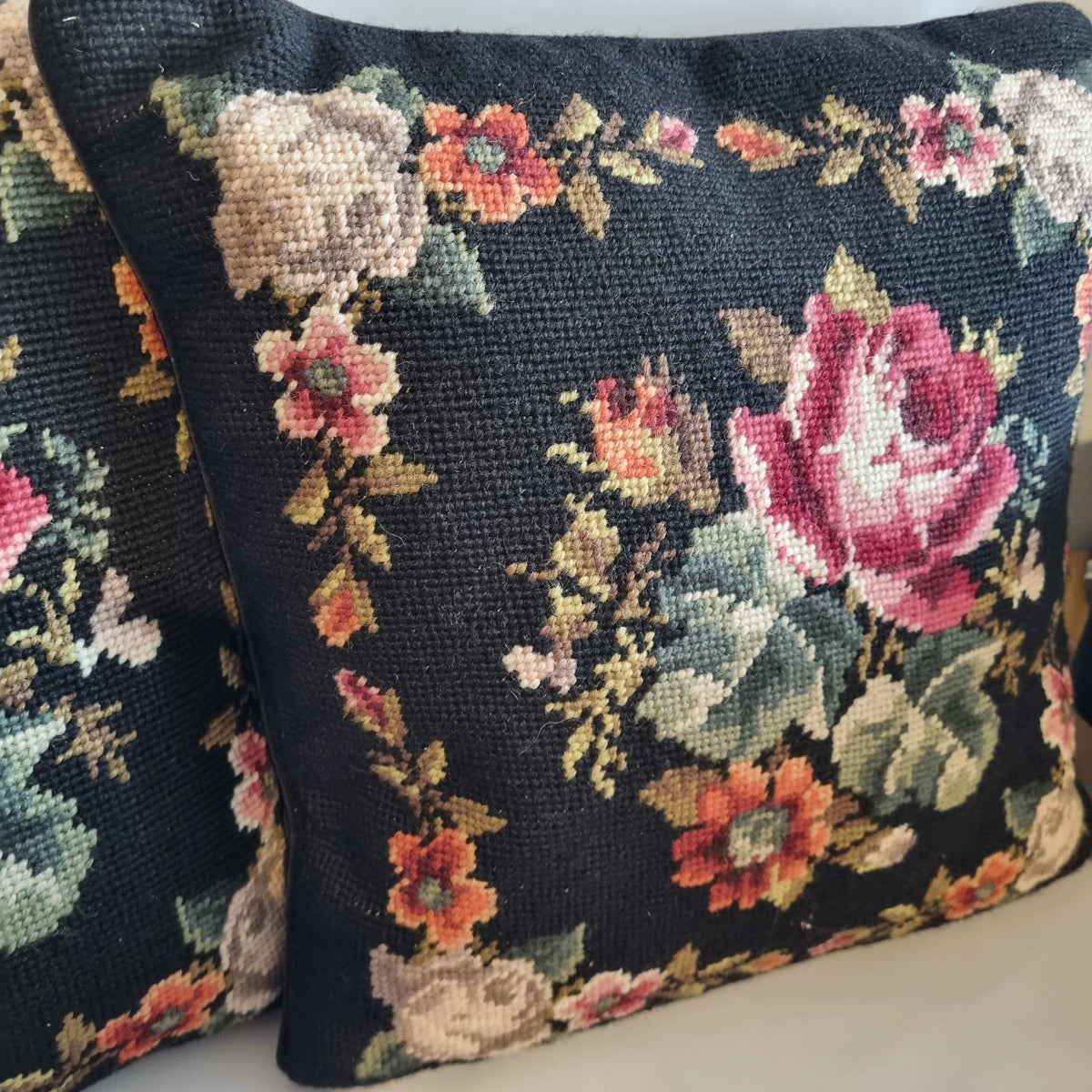 Set of 3 Vintage Floral Needlepoint Pillows – Black Wool Embroidery, Victorian Rose Motif