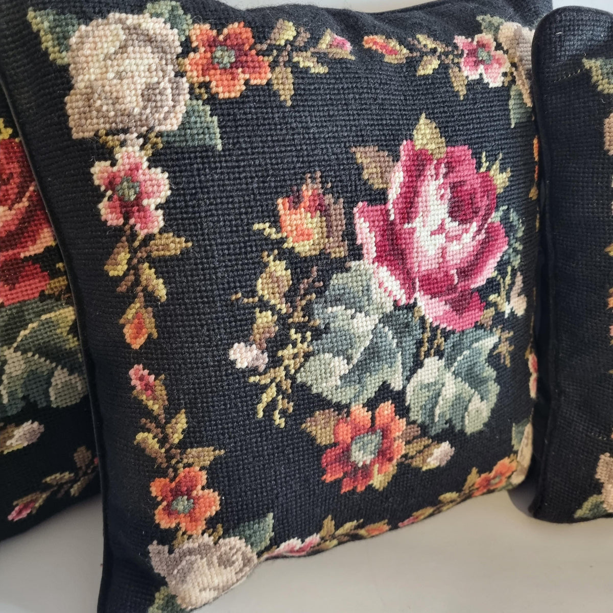 Set of 3 Vintage Floral Needlepoint Pillows – Black Wool Embroidery, Victorian Rose Motif