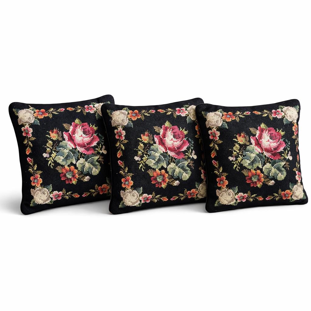 Set of 3 Vintage Floral Needlepoint Pillows – Black Wool Embroidery, Victorian Rose Motif