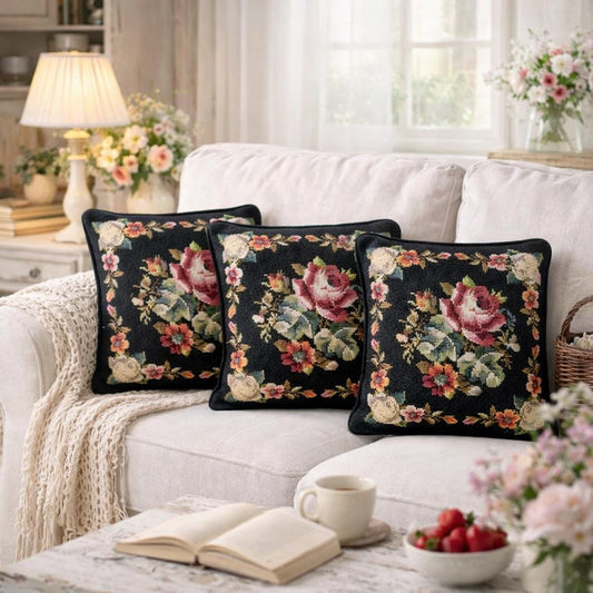 Set of 3 Vintage Floral Needlepoint Pillows – Black Wool Embroidery, Victorian Rose Motif