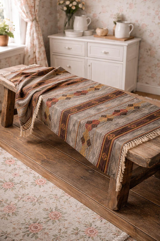 Handwoven Decorative Textile – Rustic Cottage Style Bench Throw, Scandinavian Folk Art Runner