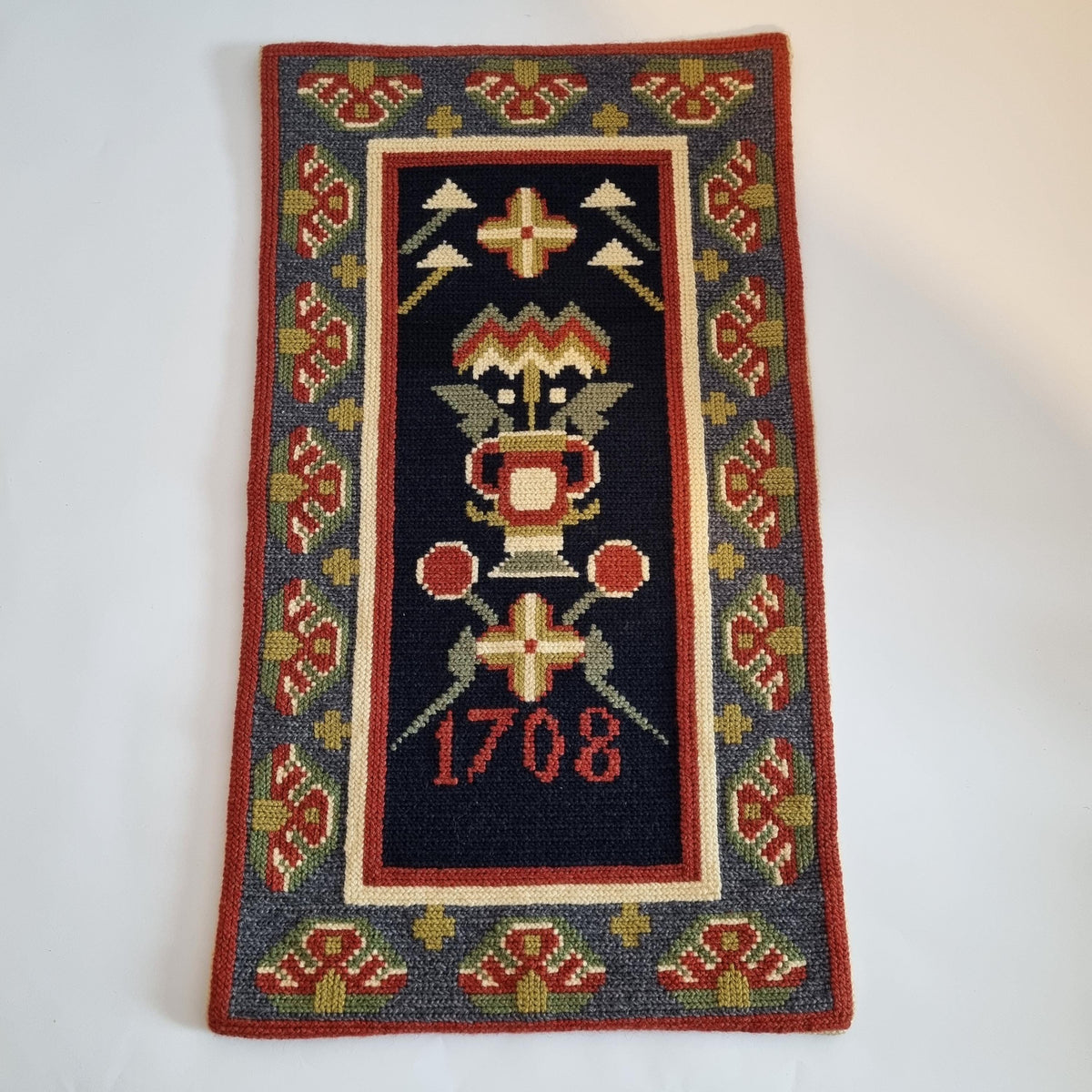 Handwoven Rölakan Style Wool Textile – / 23.62" × 11.02" Vintage Swedish Folk Wall Tapestry –