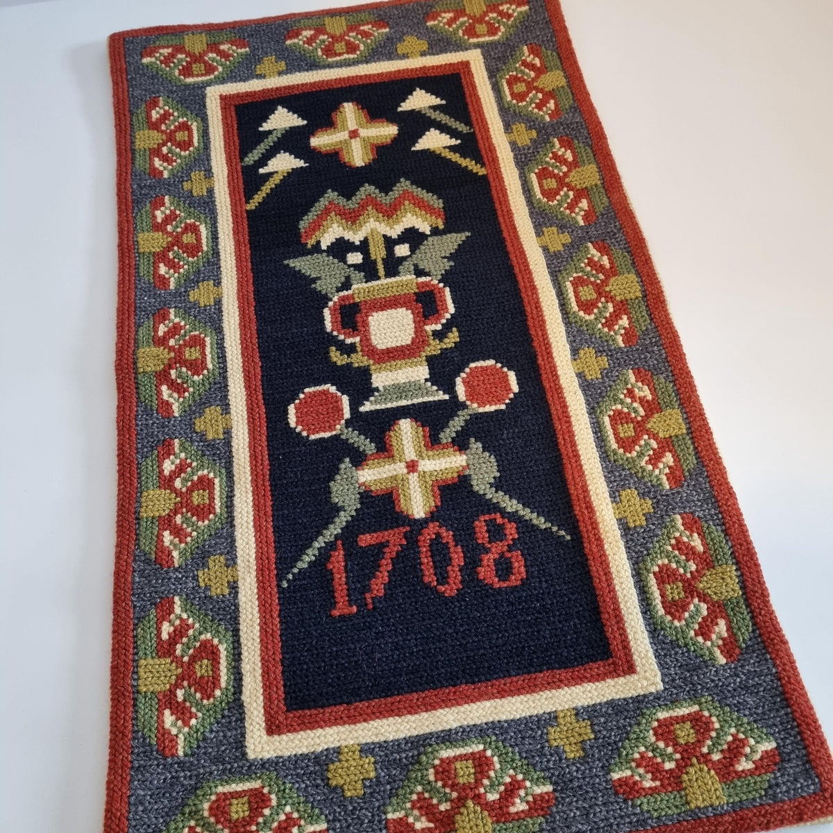 Handwoven Rölakan Style Wool Textile – / 23.62" × 11.02" Vintage Swedish Folk Wall Tapestry –