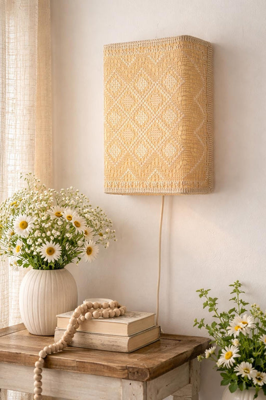 Handmade Lace-Pattern Fabric Shade – Soft Ambient Light – Mid Century Modern Inspired Textile Sconce