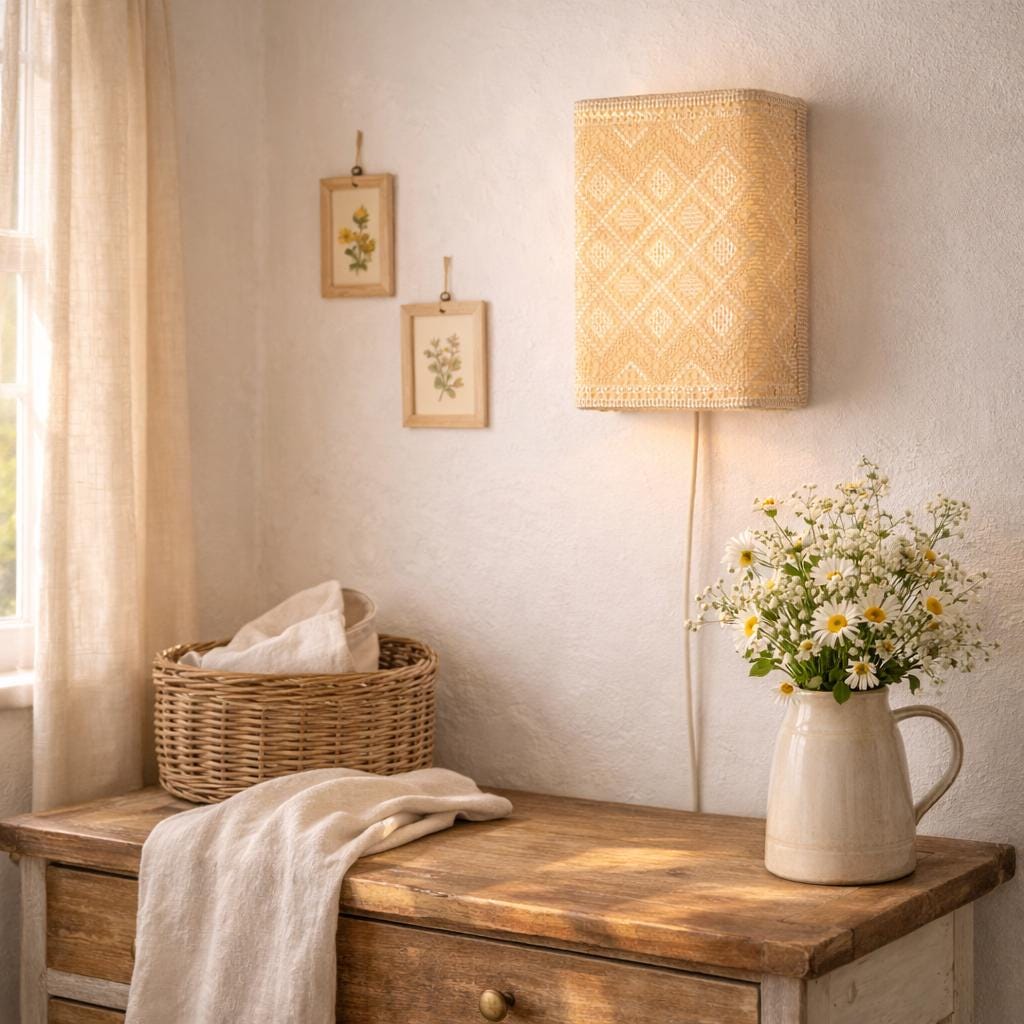 Handmade Lace-Pattern Fabric Shade – Soft Ambient Light – Mid Century Modern Inspired Textile Sconce