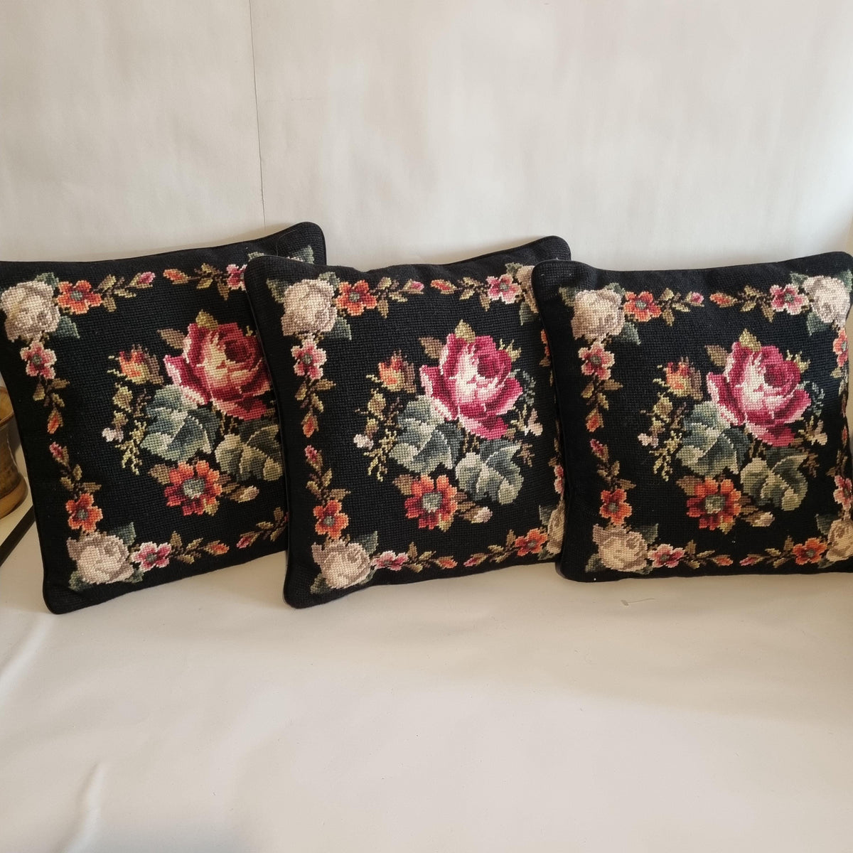 Set of 3 Vintage Floral Needlepoint Pillows – Black Wool Embroidery, Victorian Rose Motif