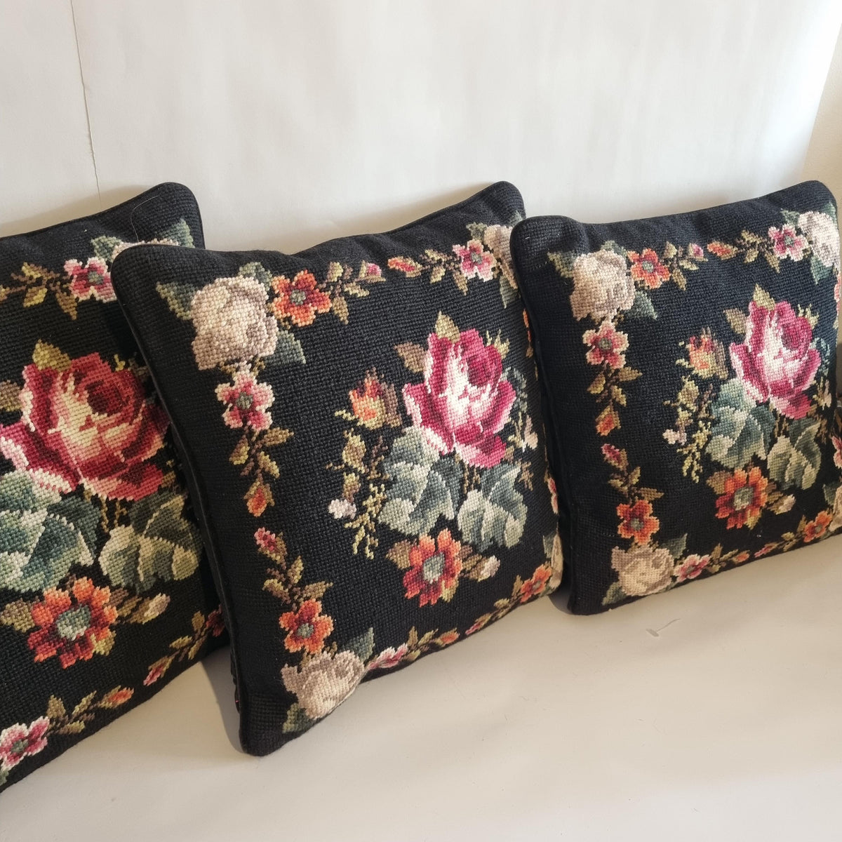 Set of 3 Vintage Floral Needlepoint Pillows – Black Wool Embroidery, Victorian Rose Motif