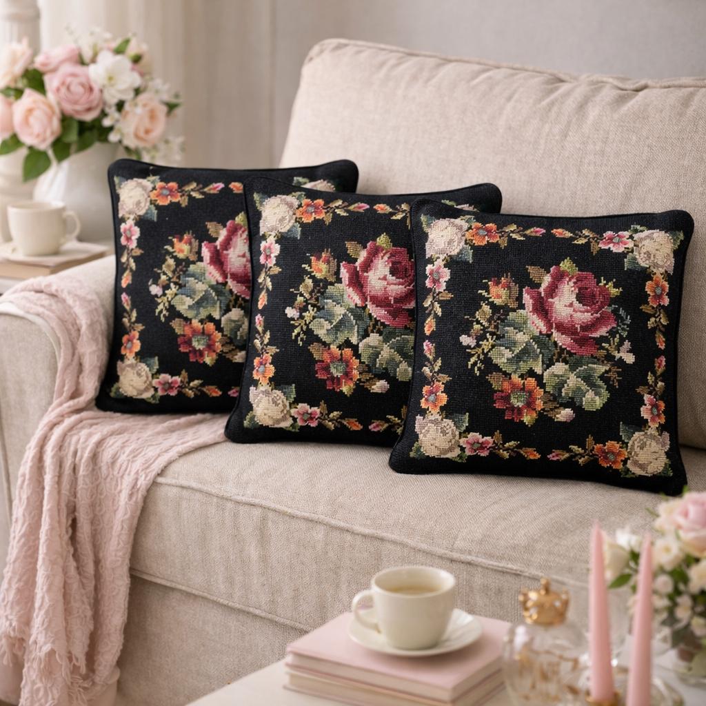 Set of 3 Vintage Floral Needlepoint Pillows – Black Wool Embroidery, Victorian Rose Motif