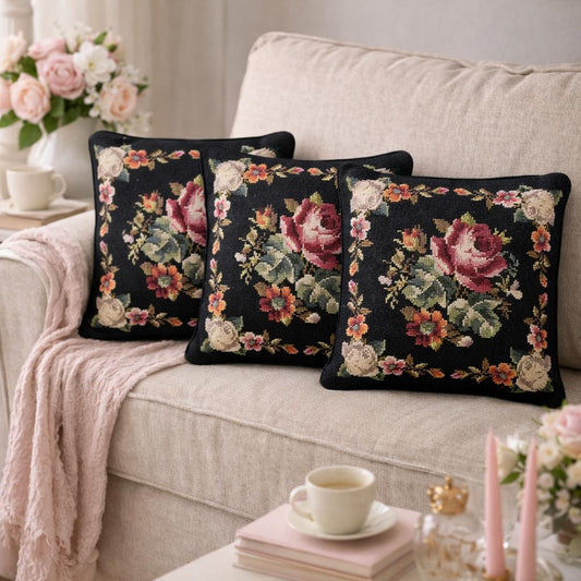 Set of 3 Vintage Floral Needlepoint Pillows – Black Wool Embroidery, Victorian Rose Motif