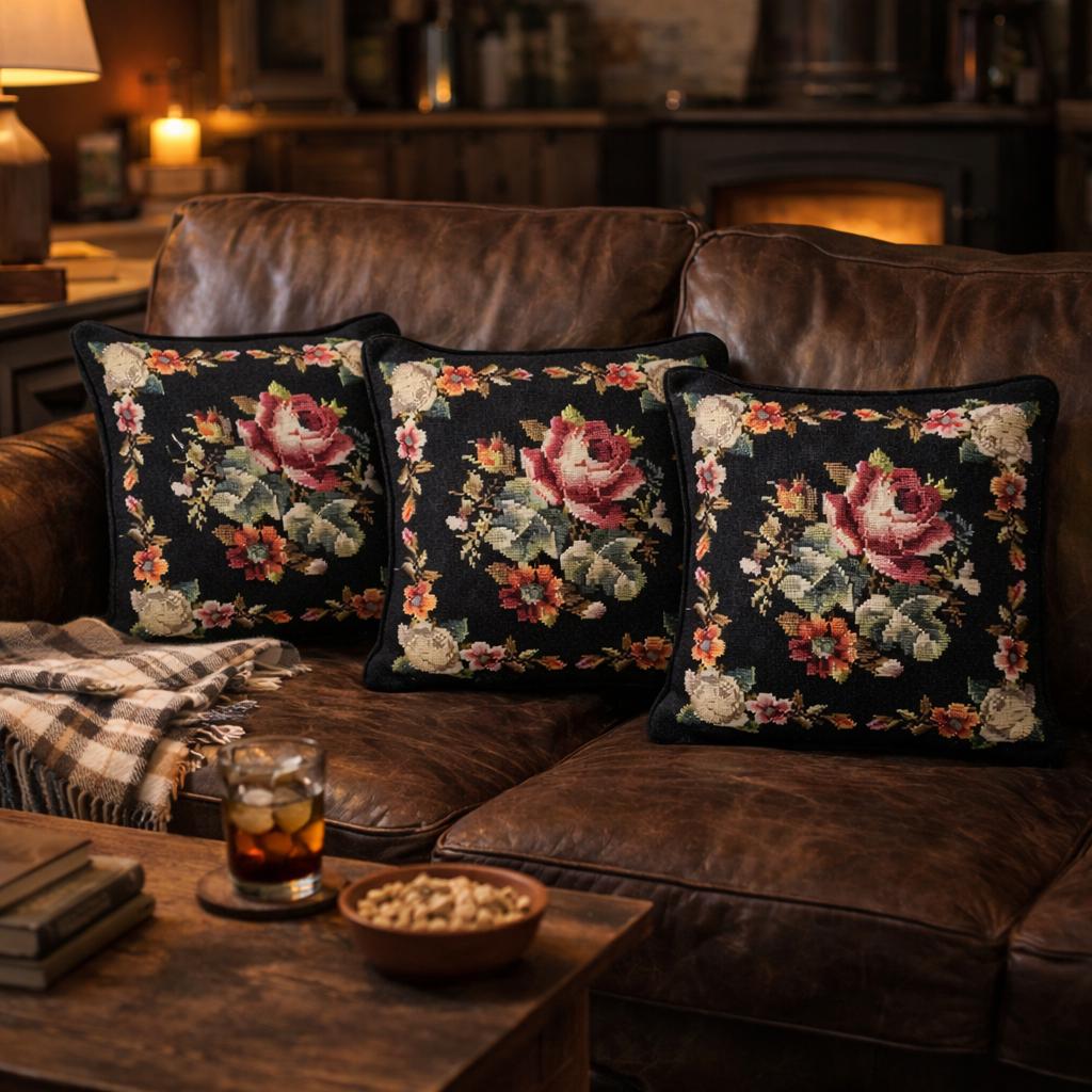 Set of 3 Vintage Floral Needlepoint Pillows – Black Wool Embroidery, Victorian Rose Motif