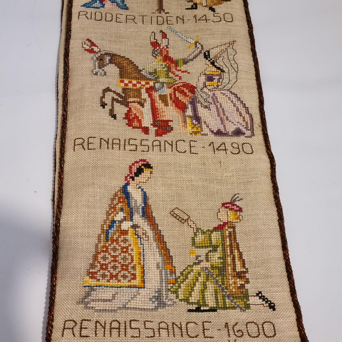 Antique Cross Stitch Wall Banner European Costume History Medieval Renaissance Sweden