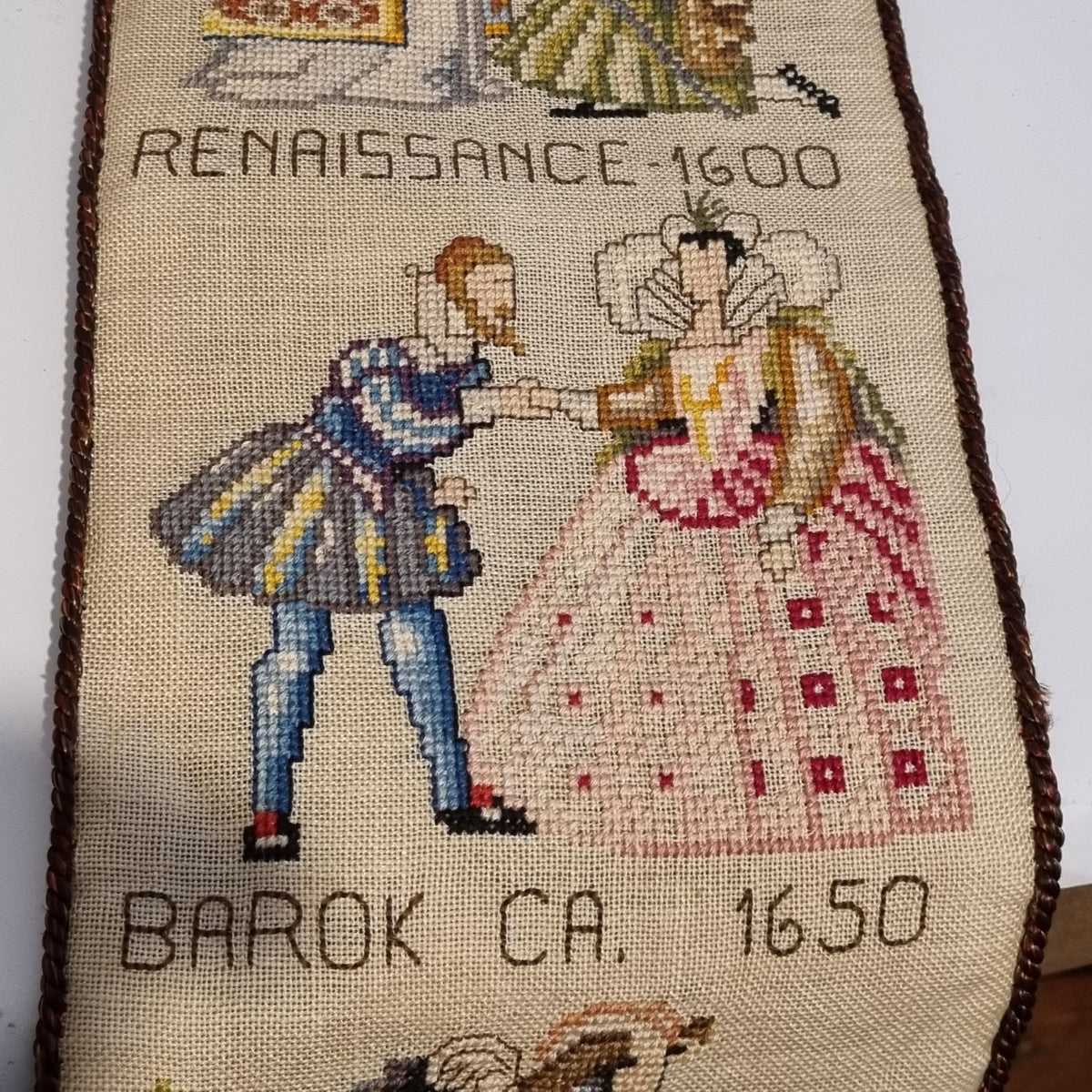 Antique Cross Stitch Wall Banner European Costume History Medieval Renaissance Sweden