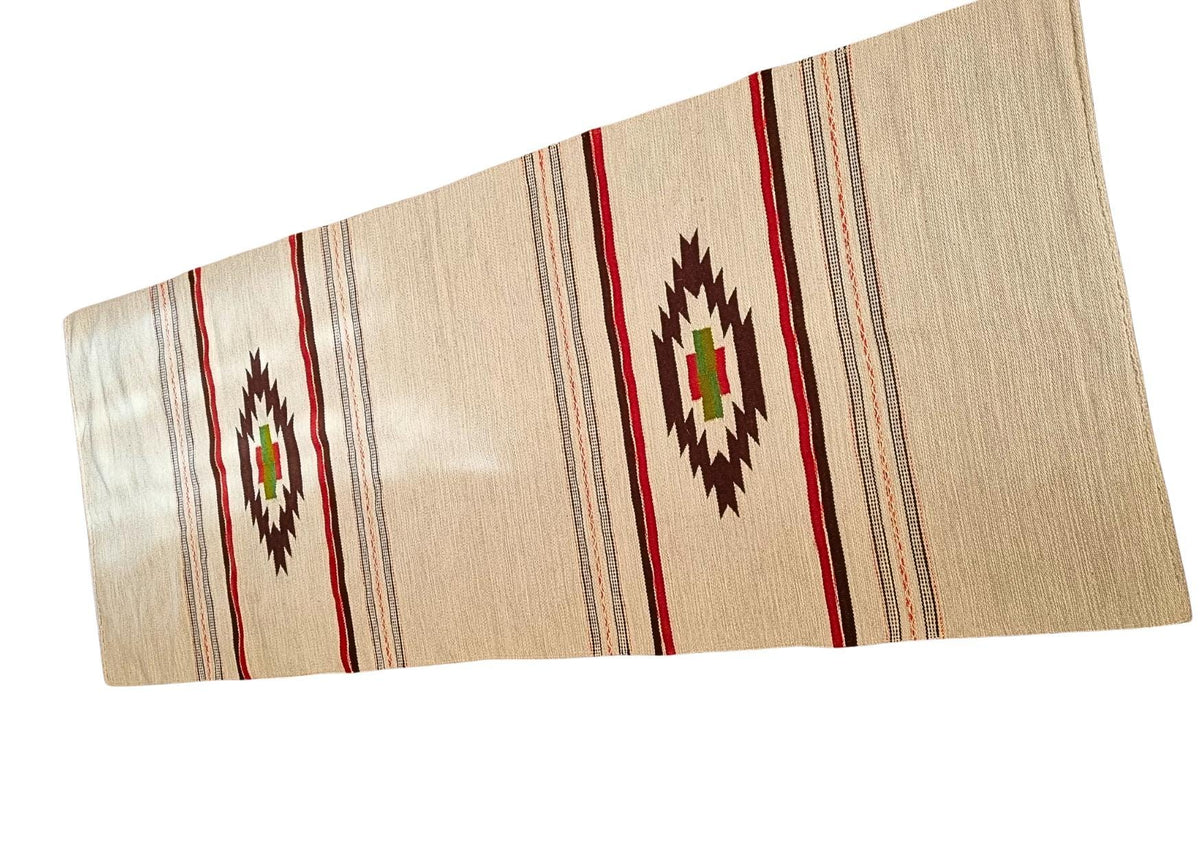 Handwoven Wool Table Runner Geometric Southwestern Kilim Style Cream Red Brown 150cm