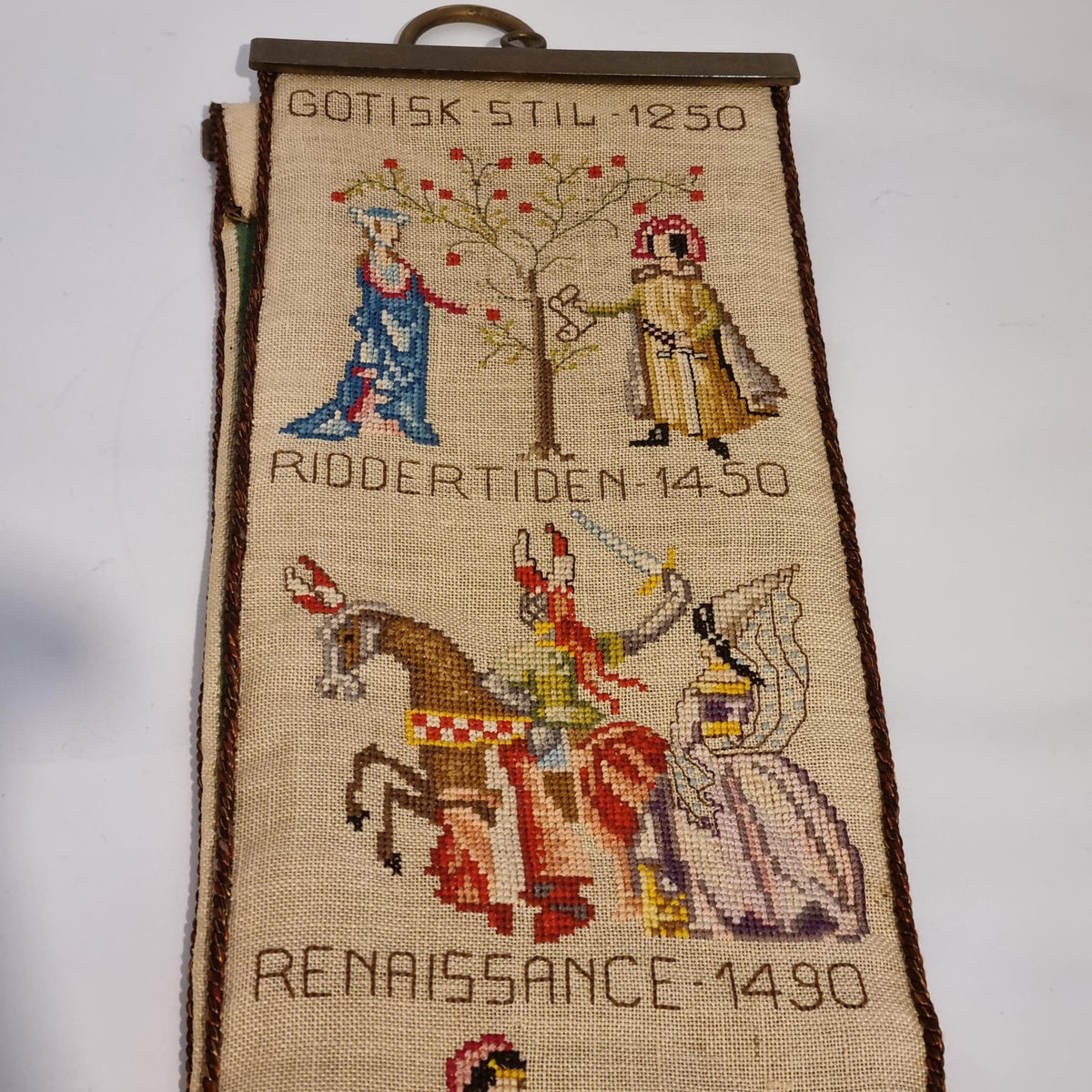Antique Cross Stitch Wall Banner European Costume History Medieval Renaissance Sweden