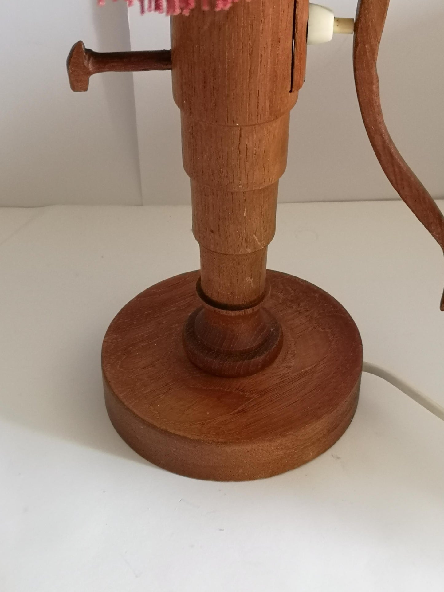 Teak Table Lamp Water Pump Sculptural Handmade Sweden 1972 Fringed Shade Folk Art