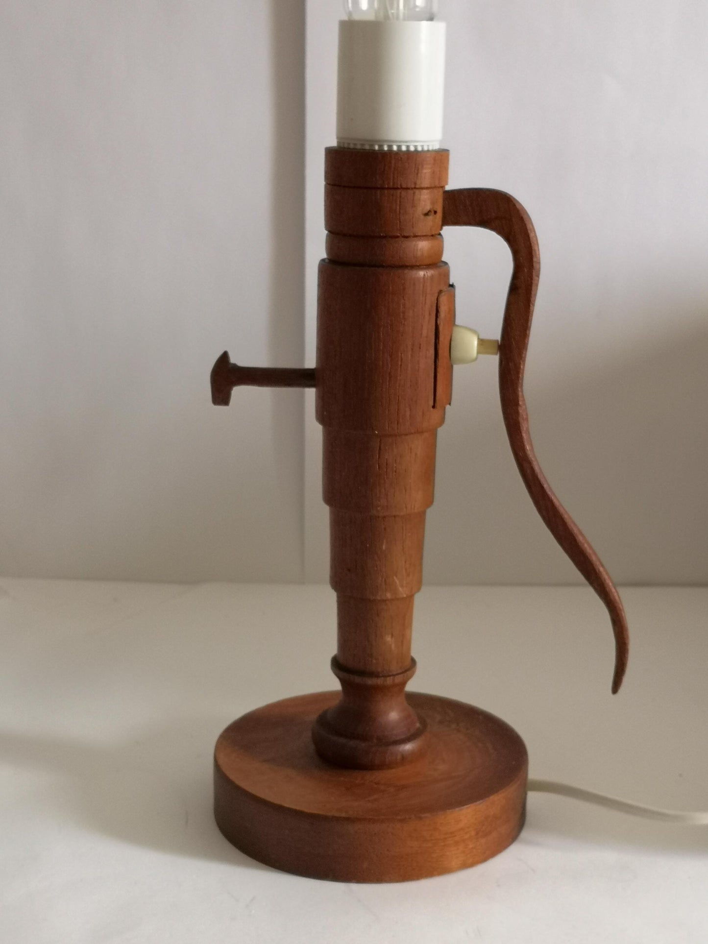 Teak Table Lamp Water Pump Sculptural Handmade Sweden 1972 Fringed Shade Folk Art