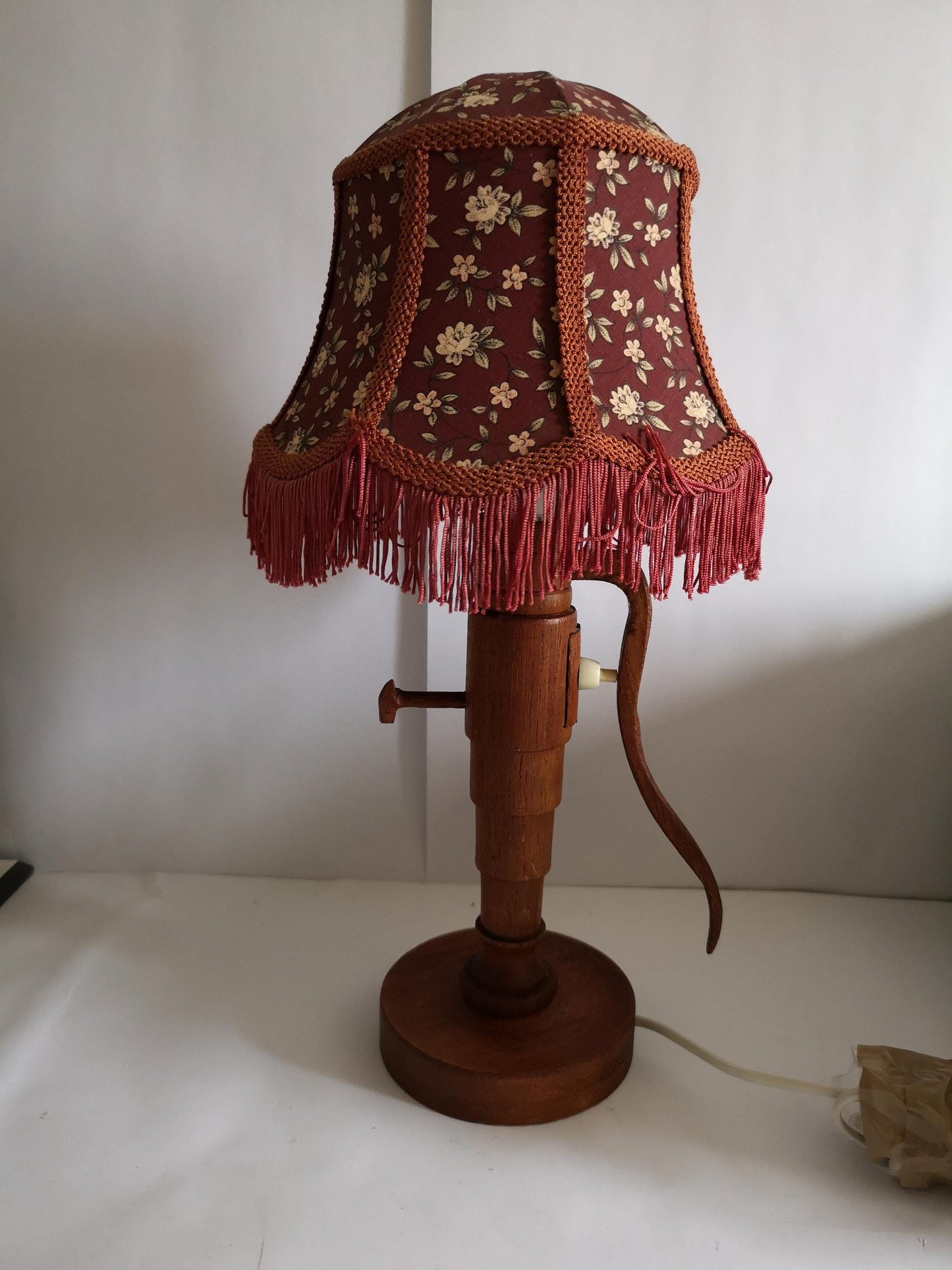 Teak Table Lamp Water Pump Sculptural Handmade Sweden 1972 Fringed Shade Folk Art