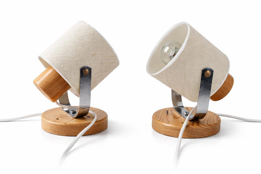 Mid Century Pine Wood Wall Lamps, White Shades, Nordic Markslöjd Design