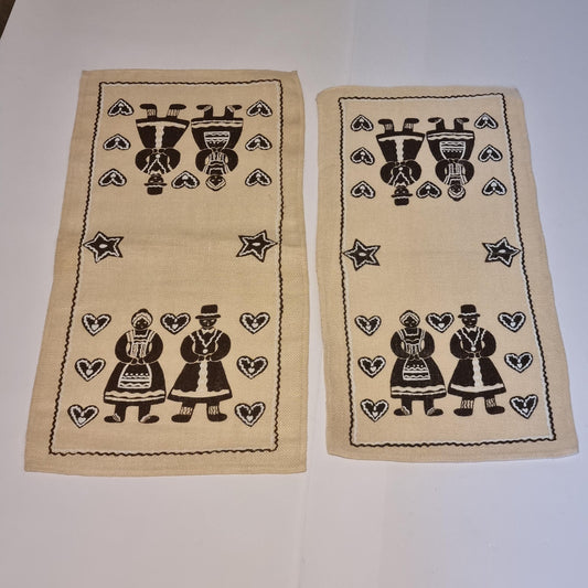 Swedish Christmas Linen Panel Pair Gingerbread Print Folk Art Vintage Textile