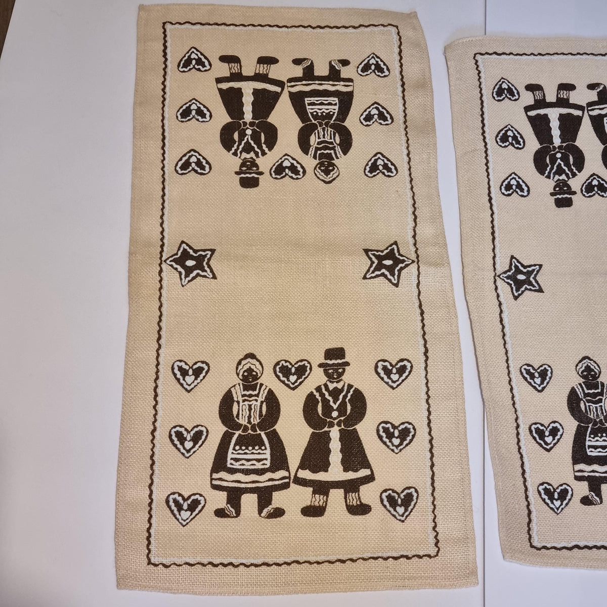 Swedish Christmas Linen Panel Pair Gingerbread Print Folk Art Vintage Textile