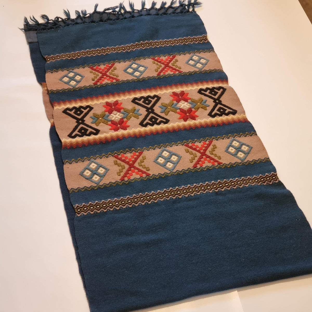 Swedish Allmoge Wool Runner Folk Embroidery Teal Blue Geometric Fringe Handmade Sweden