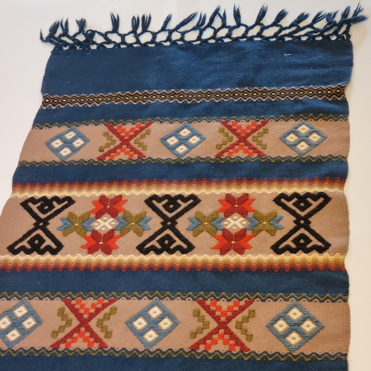 Swedish Allmoge Wool Runner Folk Embroidery Teal Blue Geometric Fringe Handmade Sweden