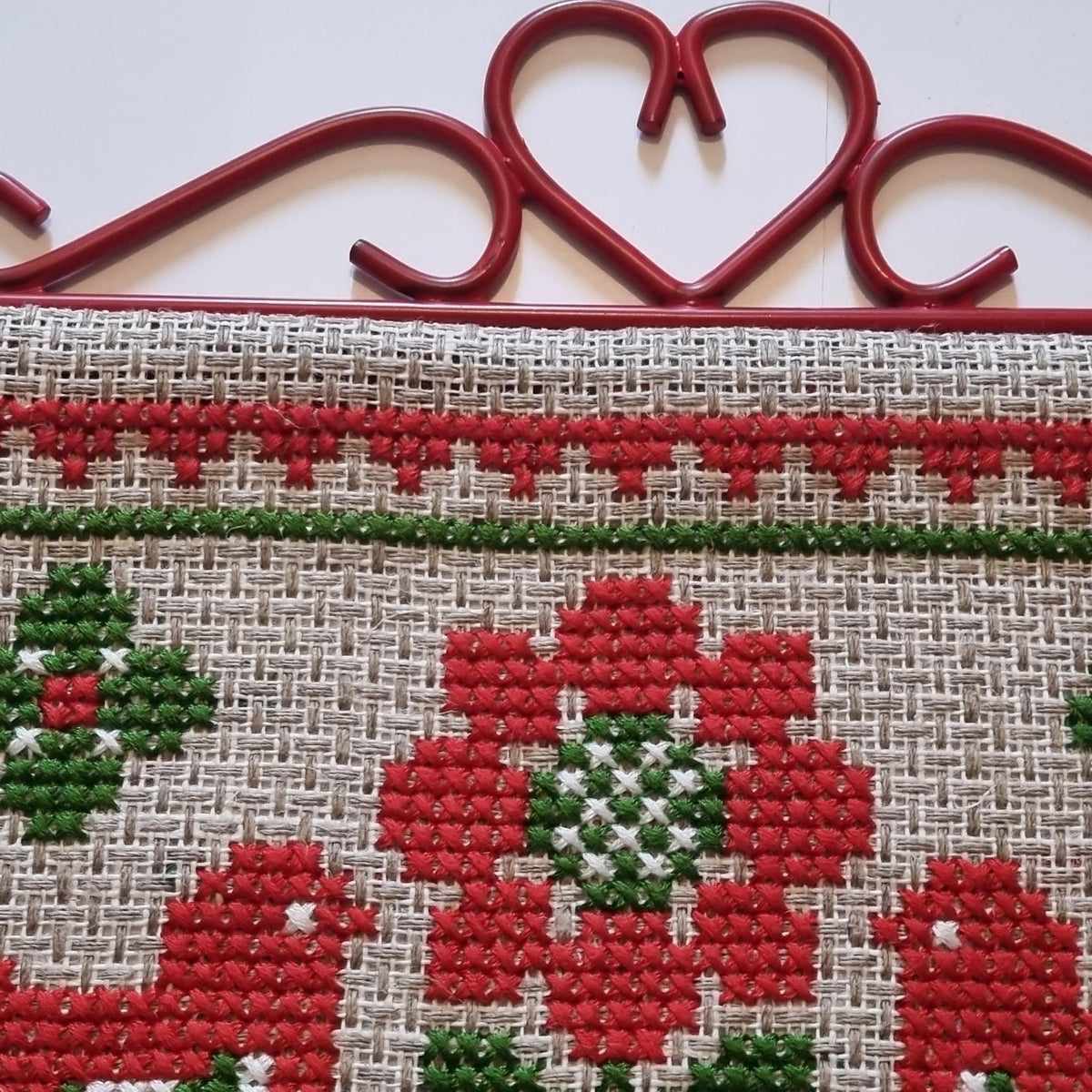 Cross Stitch Wall Hanging Swedish Folk Art Tulip Red Green Handmade Linen Sweden