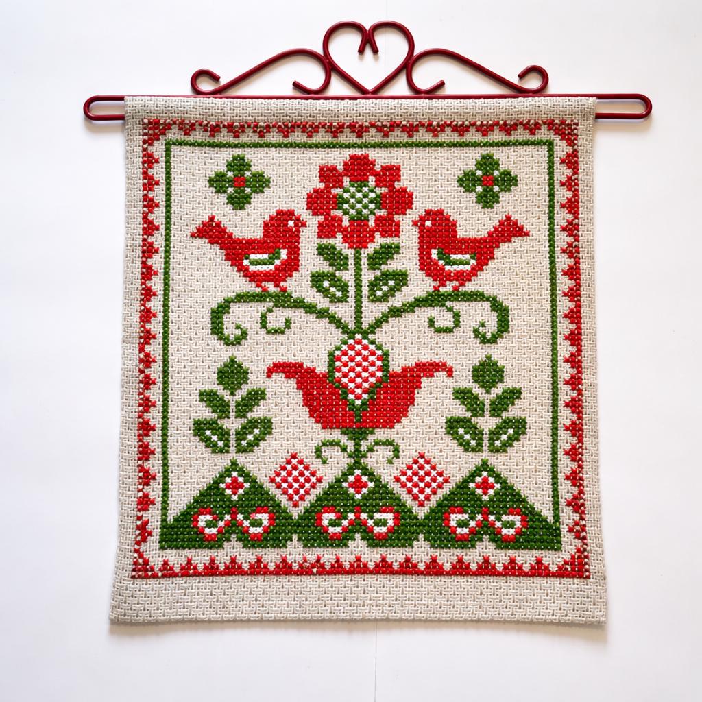 Cross Stitch Wall Hanging Swedish Folk Art Tulip Red Green Handmade Linen Sweden
