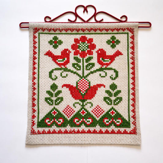 Cross Stitch Wall Hanging Swedish Folk Art Tulip Red Green Handmade Linen Sweden
