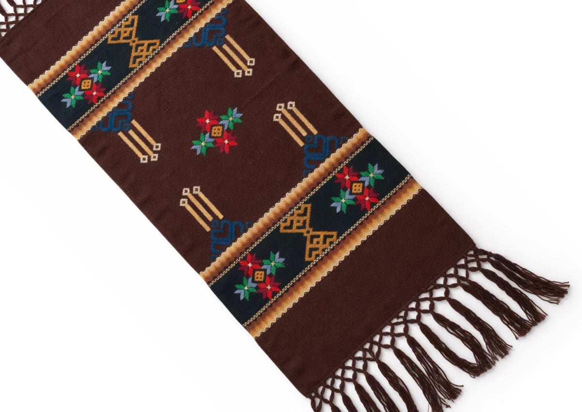 Swedish Allmoge Wool Runner Folk Embroidery Brown Geometric Fringe Handmade Sweden