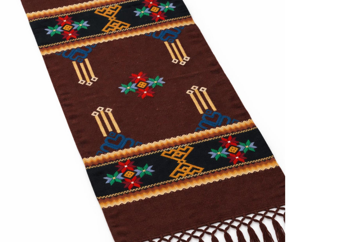 Swedish Allmoge Wool Runner Folk Embroidery Brown Geometric Fringe Handmade Sweden