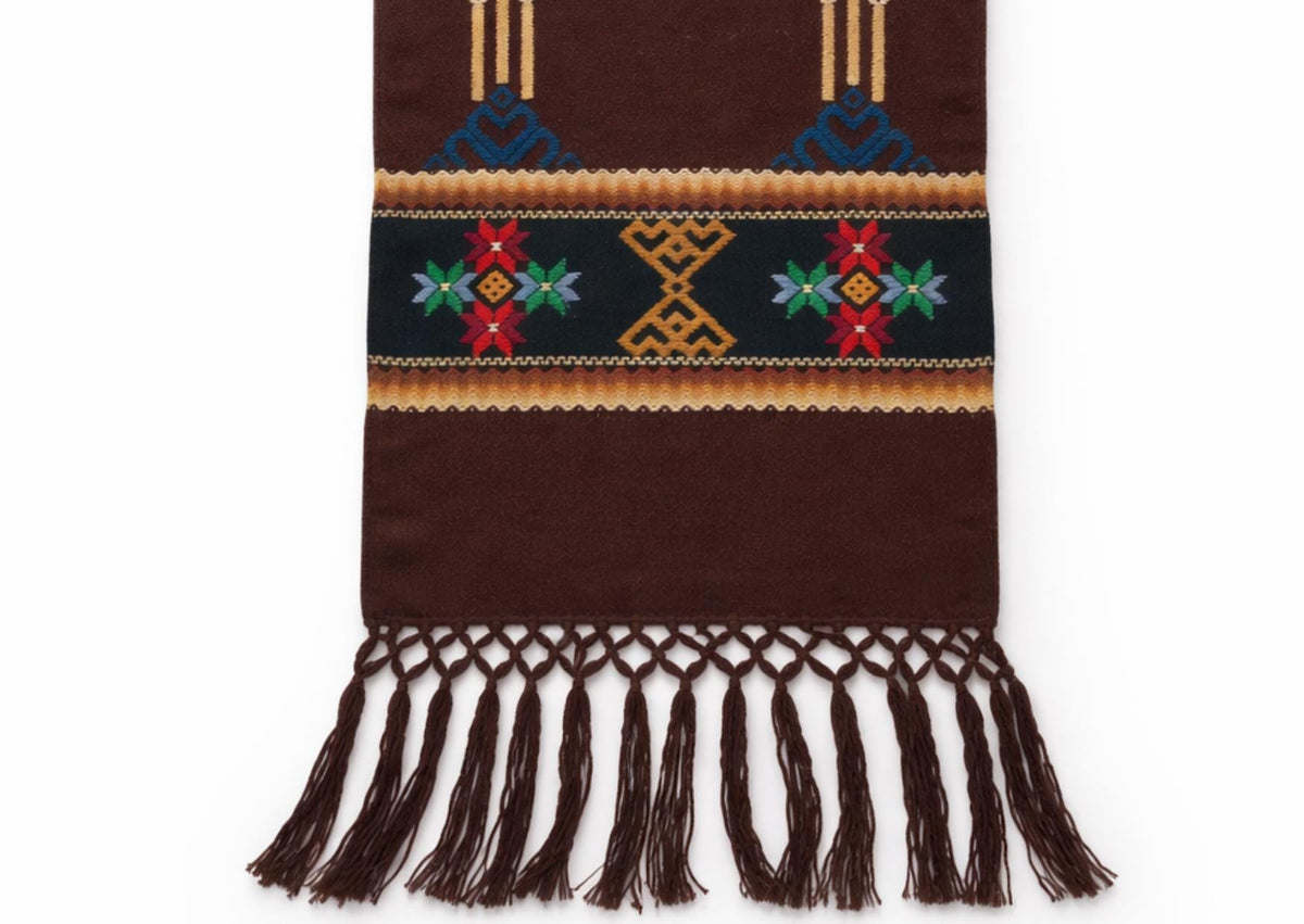 Swedish Allmoge Wool Runner Folk Embroidery Brown Geometric Fringe Handmade Sweden