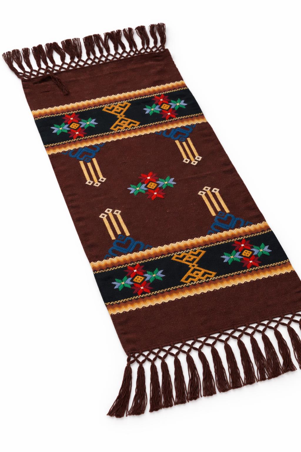 Swedish Allmoge Wool Runner Folk Embroidery Brown Geometric Fringe Handmade Sweden