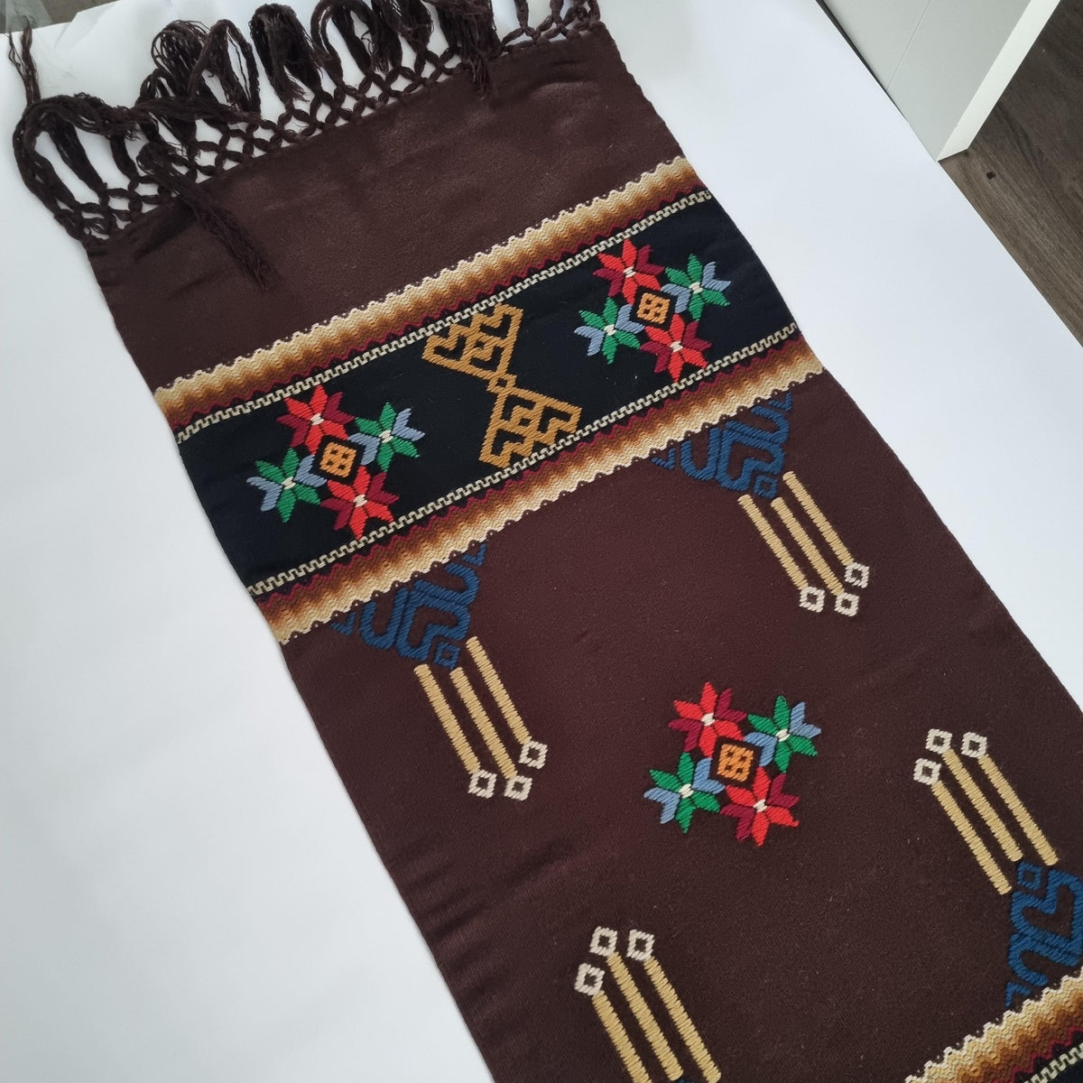 Swedish Allmoge Wool Runner Folk Embroidery Brown Geometric Fringe Handmade Sweden