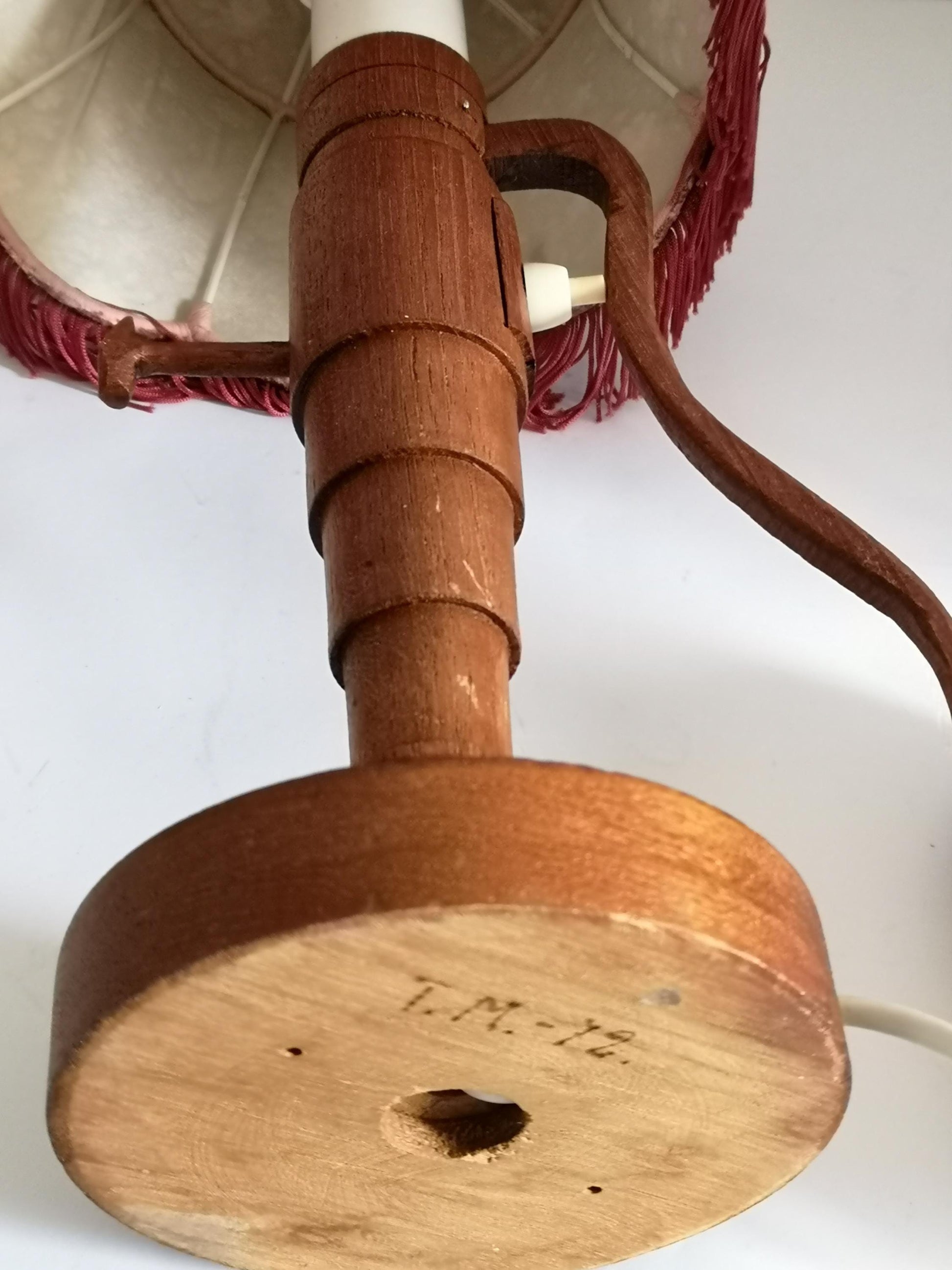 Teak Table Lamp Water Pump Sculptural Handmade Sweden 1972 Fringed Shade Folk Art