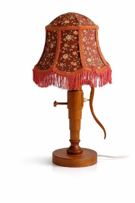 Teak Table Lamp Water Pump Sculptural Handmade Sweden 1972 Fringed Shade Folk Art