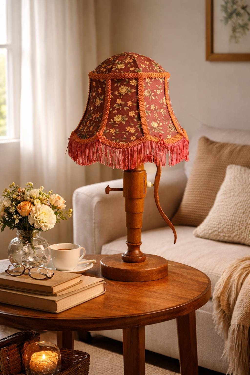 Teak Table Lamp Water Pump Sculptural Handmade Sweden 1972 Fringed Shade Folk Art