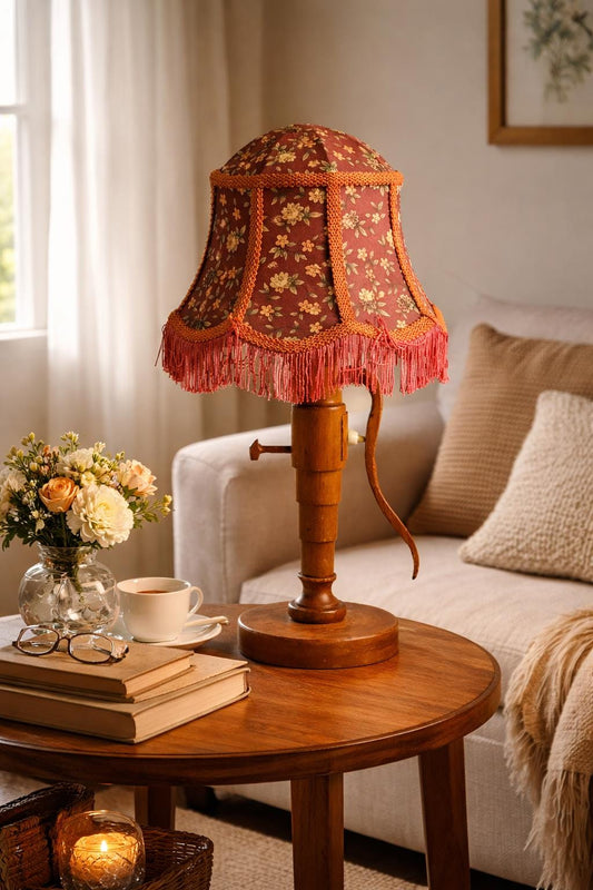 Teak Table Lamp Water Pump Sculptural Handmade Sweden 1972 Fringed Shade Folk Art