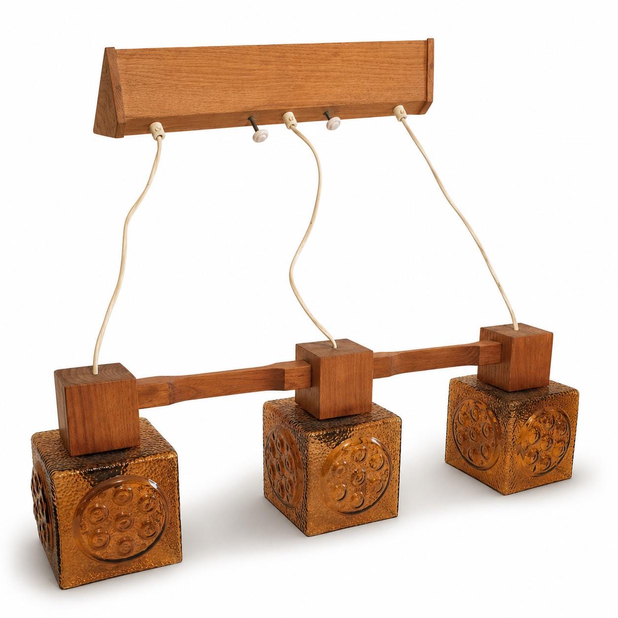 Pendant Lamp Three Amber Glass Cubes Teak Mid Century Scandinavian 1960s Brutalist Light