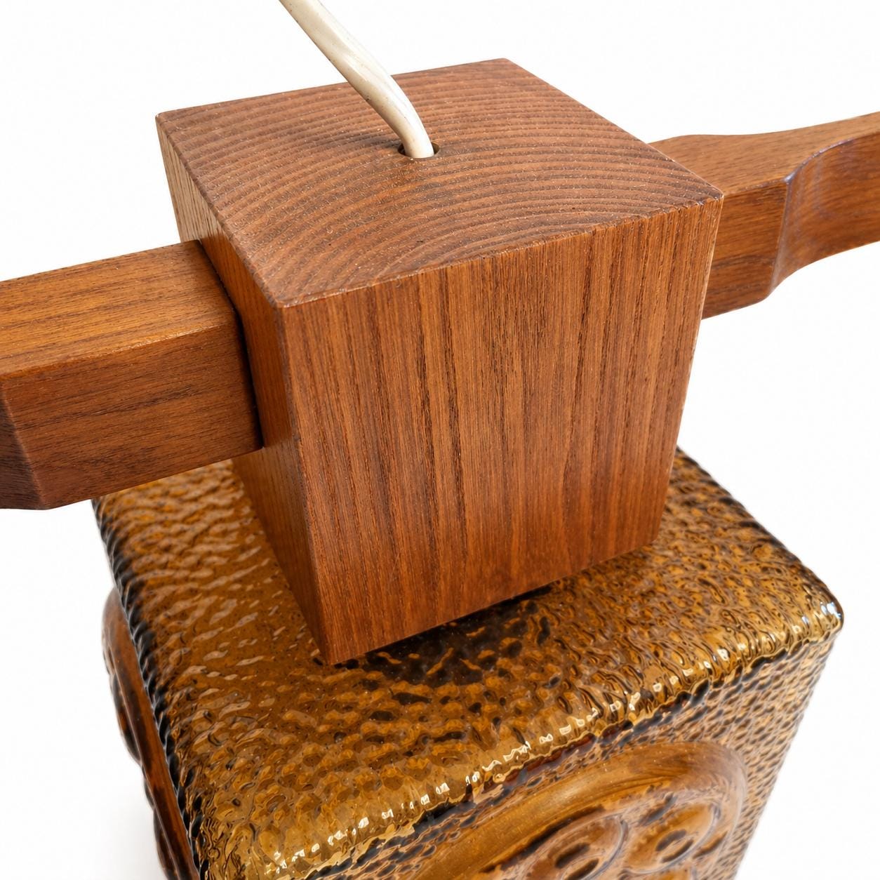 Pendant Lamp Three Amber Glass Cubes Teak Mid Century Scandinavian 1960s Brutalist Light