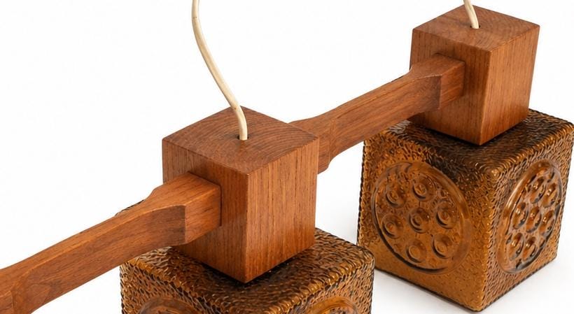 Pendant Lamp Three Amber Glass Cubes Teak Mid Century Scandinavian 1960s Brutalist Light