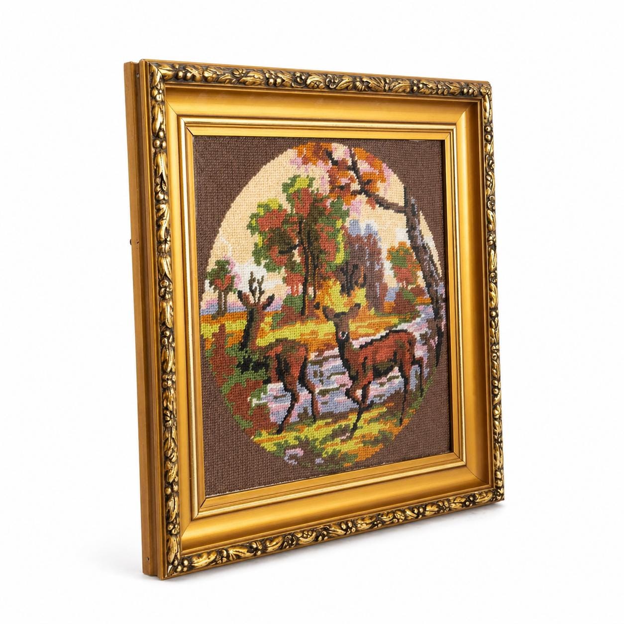 Framed Deer Forest Needlepoint Art, Autumn Woodland Scene, Vintage Gilt Frame