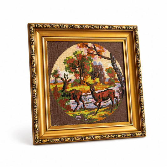 Framed Deer Forest Needlepoint Art, Autumn Woodland Scene, Vintage Gilt Frame
