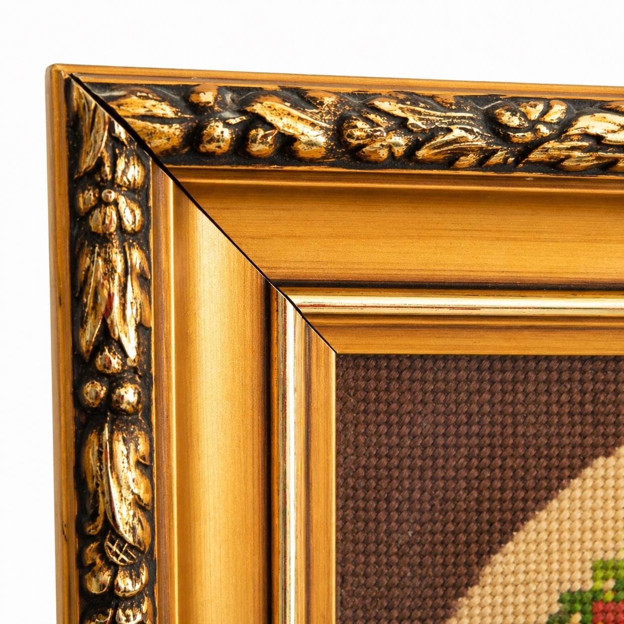 Framed Deer Forest Needlepoint Art, Autumn Woodland Scene, Vintage Gilt Frame