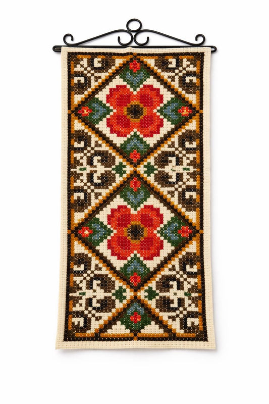 Needlepoint Wall Hanging Floral Folk Art Scandinavian Handmade Tapestry Iron Hanger Sweden
