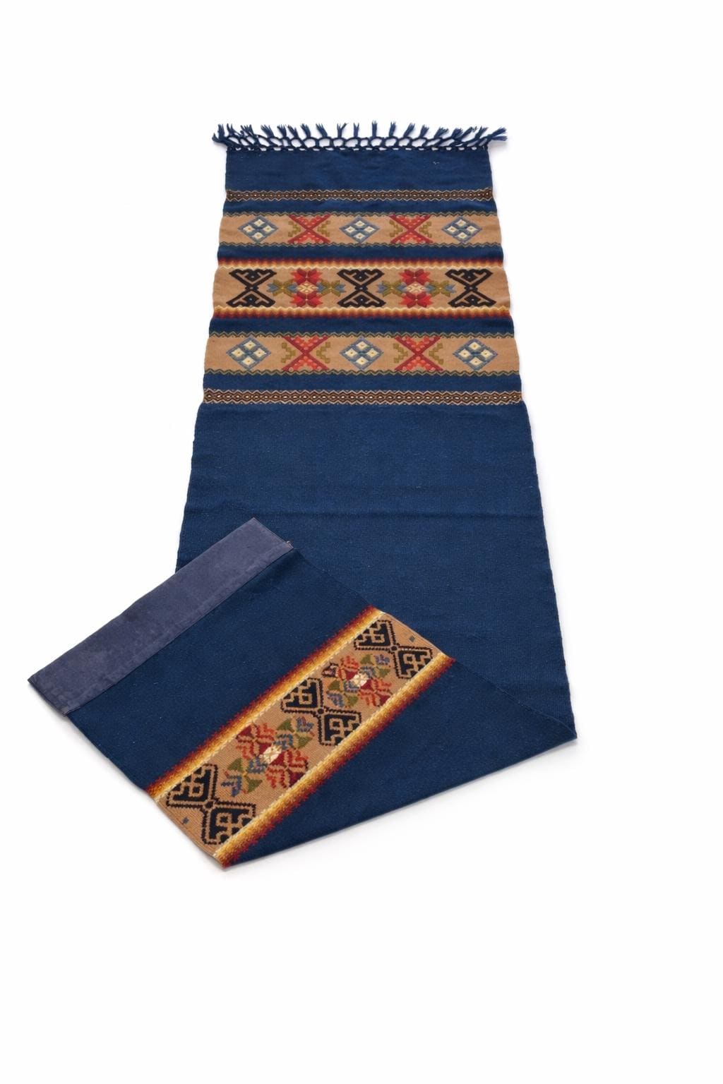 Swedish Allmoge Wool Runner Folk Embroidery Teal Blue Geometric Fringe Handmade Sweden