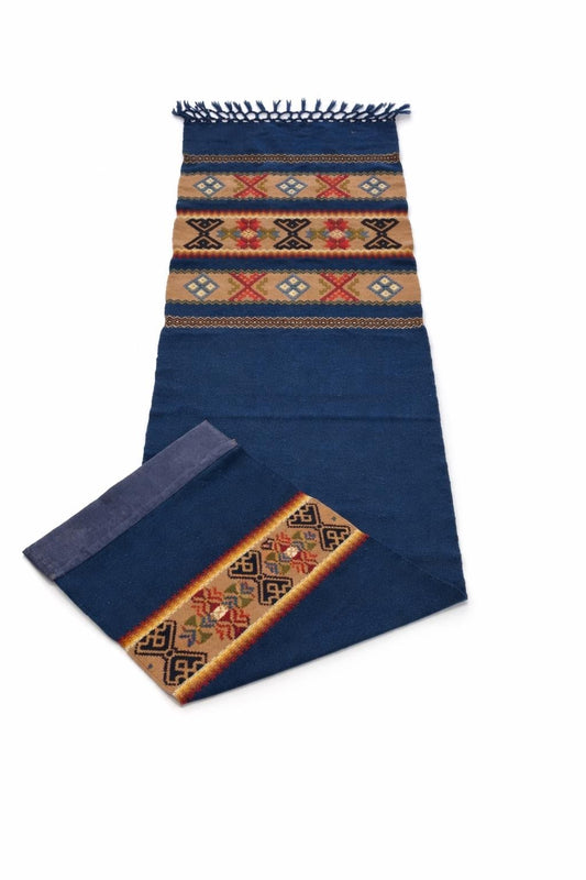 Handmade Swedish allmoge teal wool table runner with folk embroidery