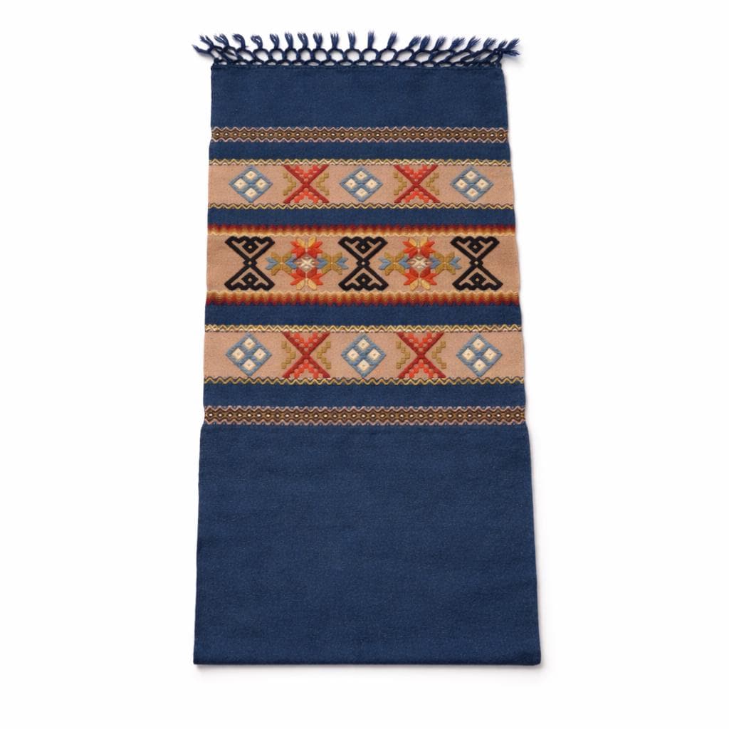 Swedish Allmoge Wool Runner Folk Embroidery Teal Blue Geometric Fringe Handmade Sweden